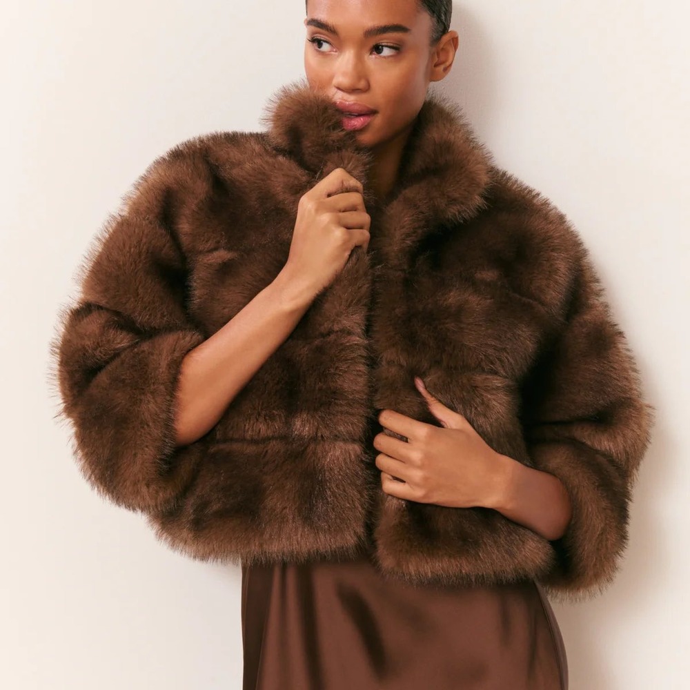 LoveShackFancy Gelman Jacket Dark Sable Brown Faux Fur Cropped Coat Sz XS NWT